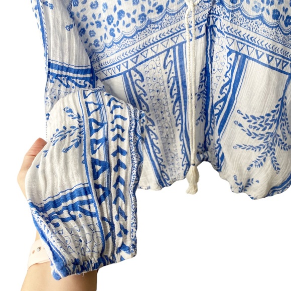 Free People Geometric Flowy Gauze Semi Sheer Boho Dolman Batwing Rope Tie Top XS - Picture 4 of 10